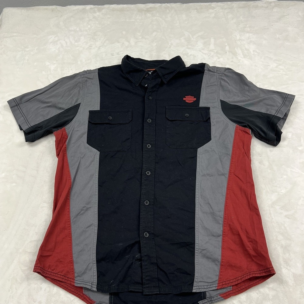 Harley-Davidson Button Down Shirt Mens XL Black Grey Red Colorblock Moto